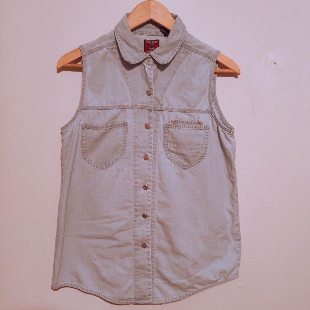Vintage Authentic Real Ellemenno Sleeveless Button Front Top-Medium-Chambray